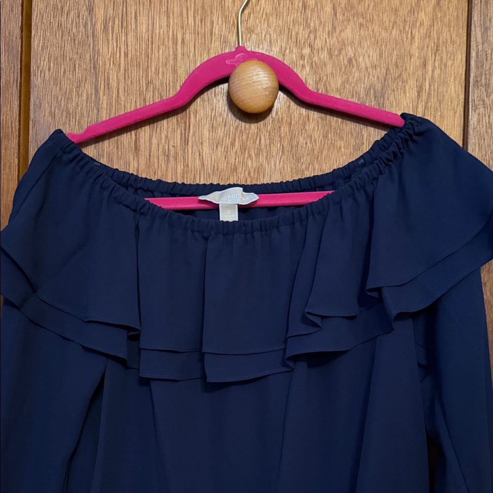 Michael Kors Navy Off-Shoulder Ruffle Blouse with Pink Trim